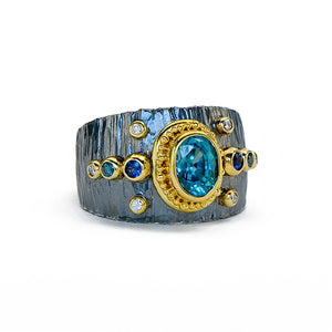 Zaffiro Etruscan Band with Blue Zircon and Sapphire